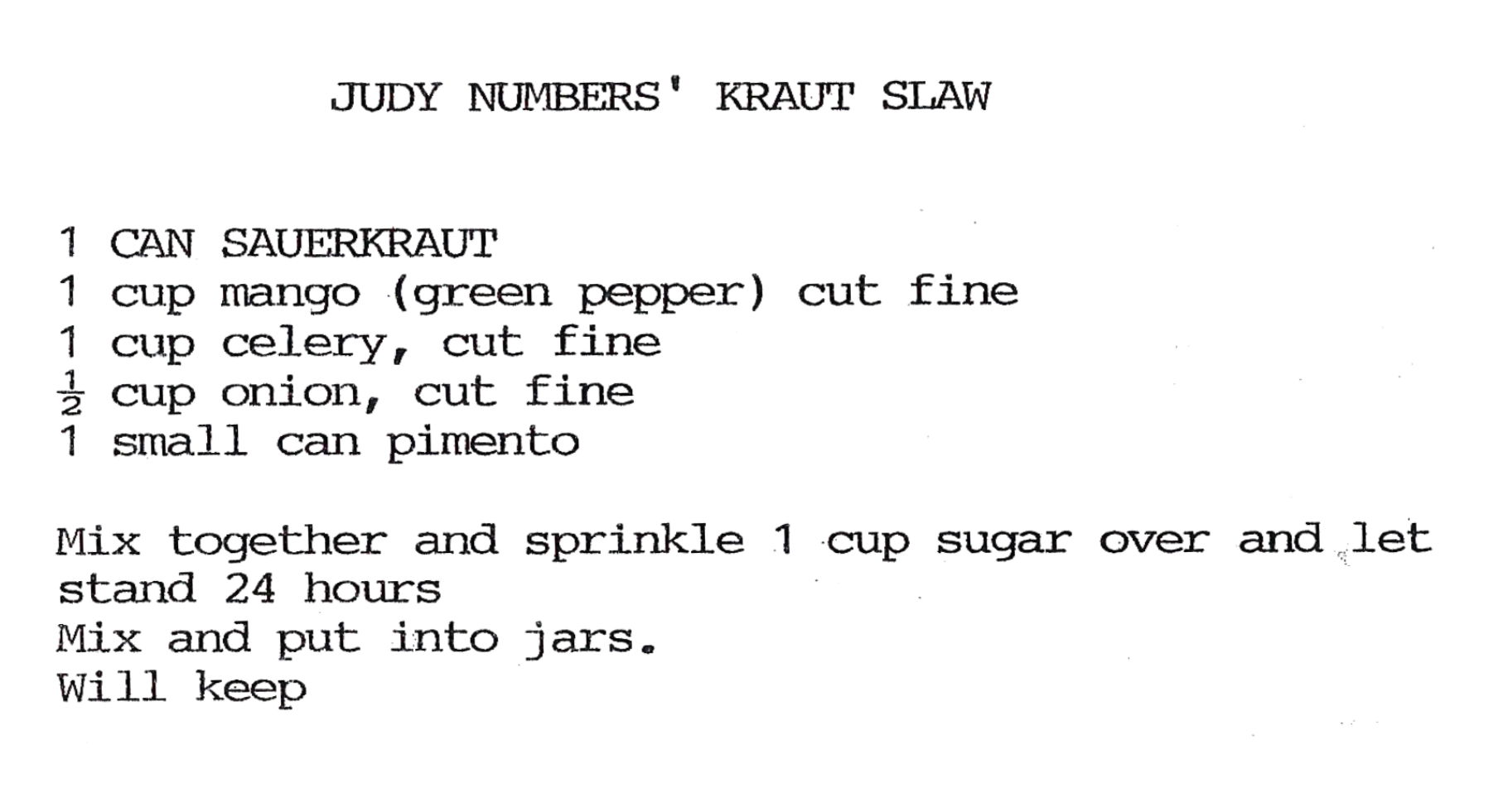 Judy Numbers Kraut Slaw Image